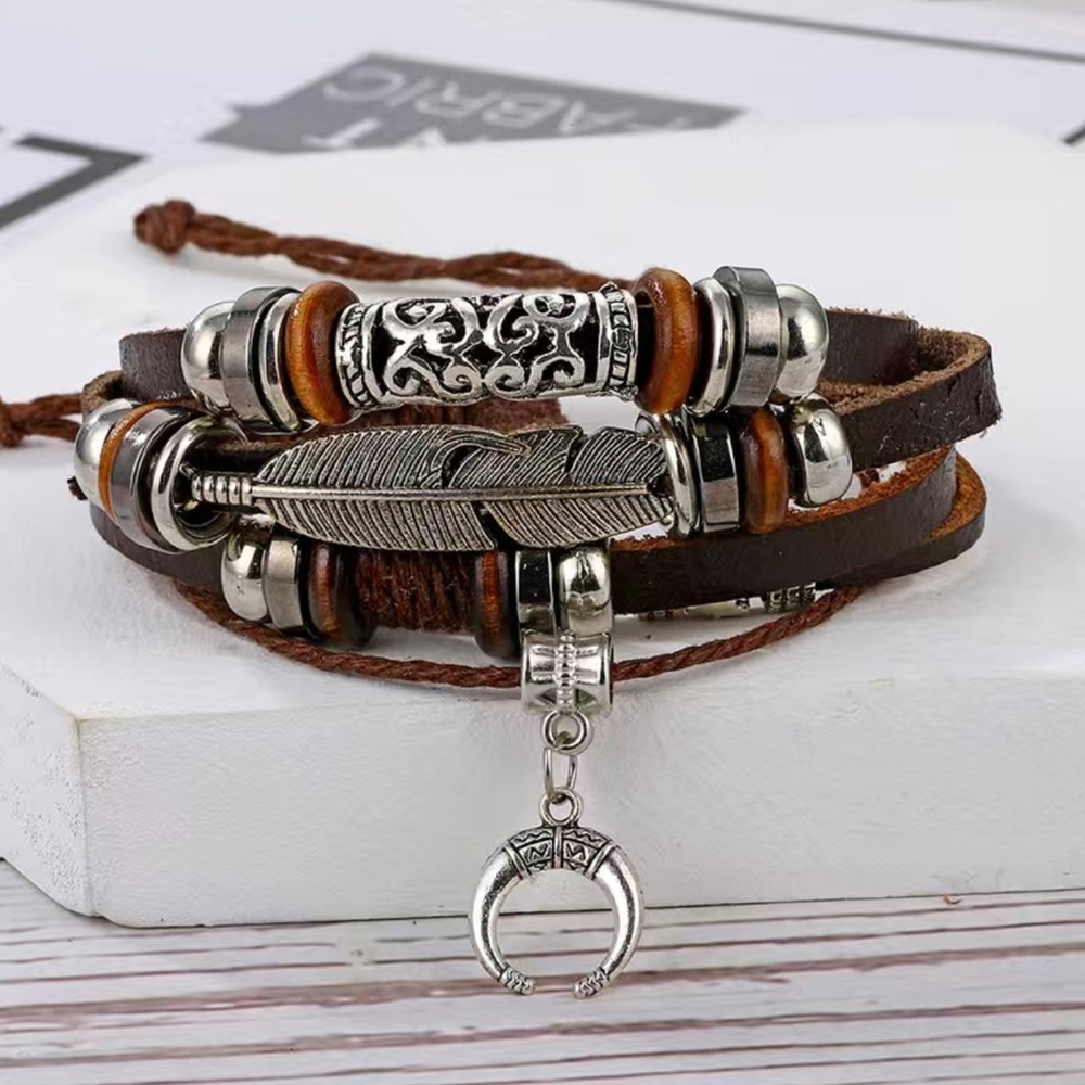Feather Moon Multilayer Punk Leather Bracelet.